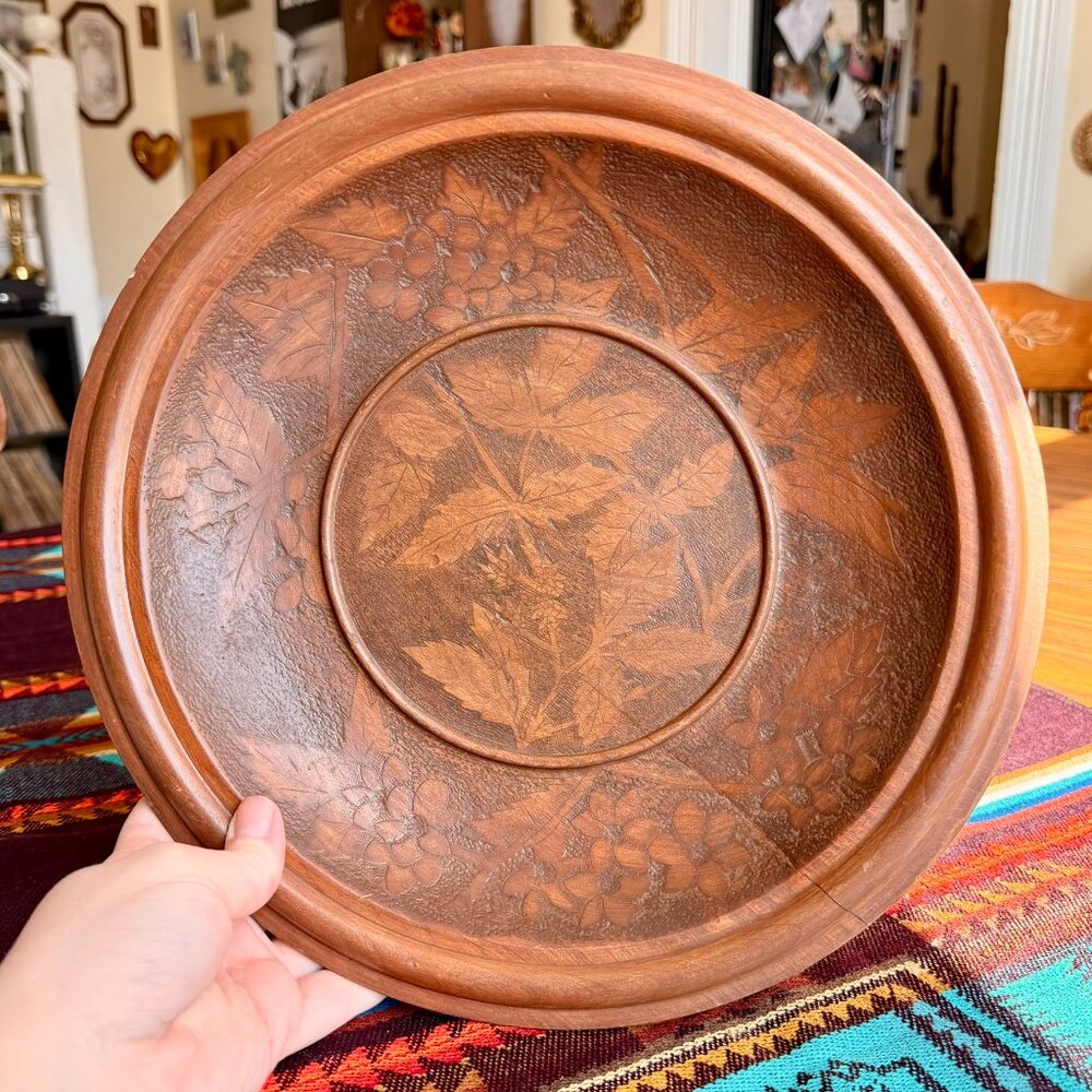 Vintage Hand Carved Solid Wood Bowl with Intricate Floral Botanical Motifs